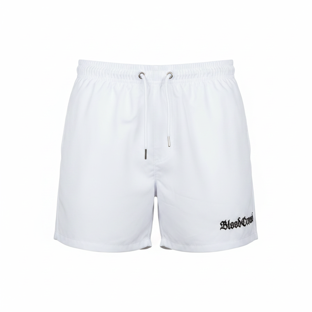 Blood Crowd Horizon Swim Shorts Weiß – Ghost Mannequin Frontansicht, glatte Oberfläche, weißer Hintergrund