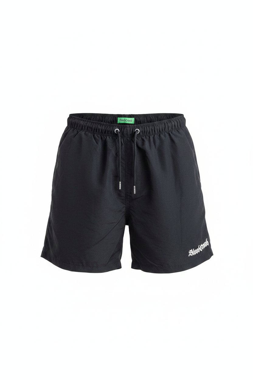 Blood Crowd Horizon Swim Shorts Schwarz – Ghost Shot Produktfoto, Blood Crowd Gothic Stickerei Detail