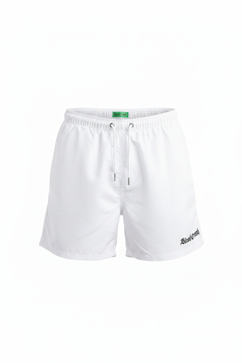 Blood Crowd Horizon Swim Shorts Weiß – Ghost Shot Produktfoto, freistehend mit Gothic Stickerei