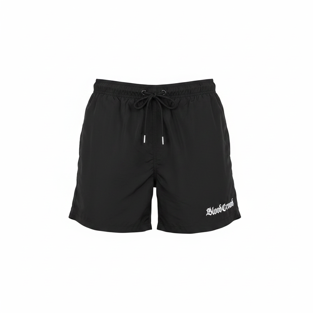 Blood Crowd Horizon Swim Shorts Schwarz – Ghost Mannequin Frontansicht, glatte Oberfläche, weißer Hintergrund